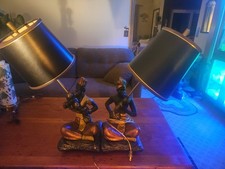 PRISTINE Vtg 1950s Blackamoor Nubian Lamps PAIR Original Black Gold Shades MCM picture