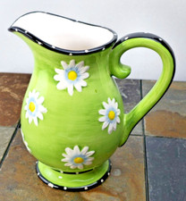 Large Water Pitcher / Art Teleflora Accents Bright Green White Daisys 7 in Tall picture