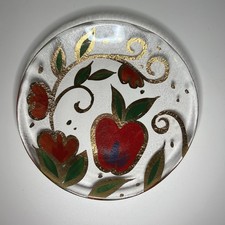 Glass Dessert Plate Vibrant Folk-Art Reverse Hand-Painted Red Apple & Blossoms picture