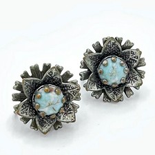 1930s Silvertone w/Hubbell Faux Turquoise Blue Centers  Screwback Earrings picture