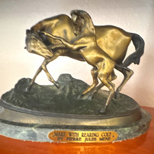 Mare With Rearing Colt Horse Metal Sculpture by Pierre Jules Mene, Gold/Black picture
