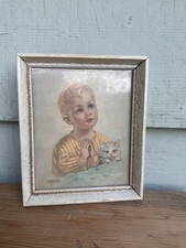 Vtg 40’s Florence Kroger Praying Boy Kitten Lithograph Framed Religious Art picture