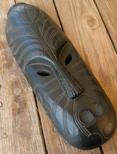 Vintage Dark Wood Hawaiian Tribal Hand Carved Mask Tiki Wall Hanging Art Decor picture