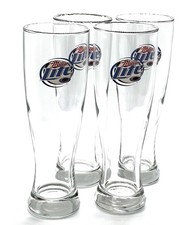 Set of 4 Miller Lite Beer Glasses 8” Tall Pilsner Bar Glass Vintage Barware picture
