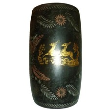 Vintage Hand Painted Lacquered Wood Cylinder Vase - MCM Deer Sunburst Design picture
