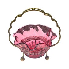 C1890 ANTIQUE ORNATE CRANBERRY GLASS OPEN SALT CELLAR IN A  STAND picture