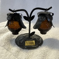Owl Salt & Pepper Shakers Set, Amber Glass w/ Silver Metal Stand, 3pc picture