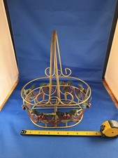 Vintage Gold Wire Christmas Basket Holly Leaves Berries Handle Decorative ~10”H picture
