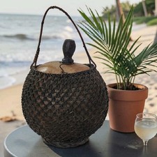 Vtg Japanese Gourd Woven Bamboo/Rattan Container W/Stopper & Handle 11.5