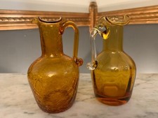 Vintage Amber Crackle Glass Cruet & clear Miniature Pitcher hand blown picture