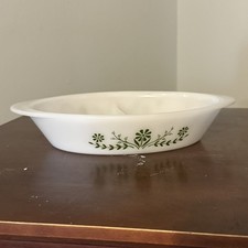 Vintage Glassbake White Green Daisy Divided Casserole Dish J2352 picture
