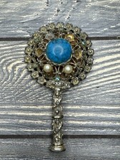 Vintage Orante Handheld Mirror Gold Tone Simulated Pearl Turquoise Stone 4” picture
