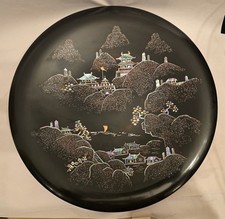 Vtg Maruni Japan Black Lacquer Ware Abalone inlaid XL Plate 16.5