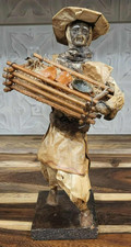 Vintage Folk Art Paper Mache Man Figurine Carrying Tray Rustic 12” Statue picture