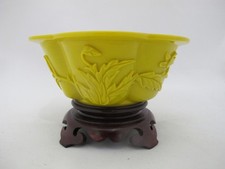 CHINESE Imperial Yellow PEKING Glass Foliate Lotus Bowl on Carved Wood Stand picture
