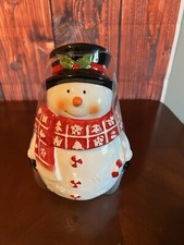 festive ceramic red and white snowman cookie jar Christmas Canister . picture