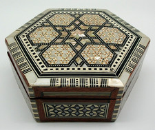 Vintage Mother of Pearl Inlaid Mosaic Hexagon Wood Jewelry Trinket Box picture