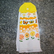 Vtg Retro 1970's Daisies Yellow Orange White Hanging Terrycloth Kitchen Towel  picture