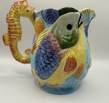 Vintage Italian Bassano Majolica Under the Sea Pitcher Seahorse Handle Italy picture
