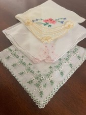 Set of 3 Vintage Embroidered Handkerchiefs with Floral and Lace Details picture