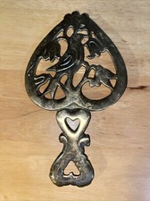 Brass Gold Tone Trivet Heart Shaped Bird Hot Plate Made in Japan Original Label picture