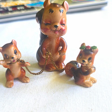  Vintage MC Ceramic Squirrel Family – Mama & 2 Babies on a Gold Chain Japan picture