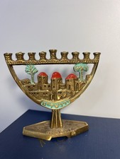 VTG Brass Hanukkah Menorah Hand Painted Enamel City Of Jerusalem Small picture