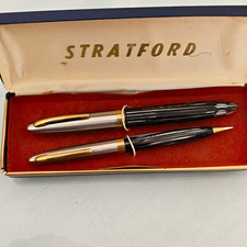 Stratford Pen & Pencil Set in Case/Box, Black Silver Gold Tone picture