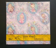 NOS Adorable Vtg Flat Wrapping Paper LAUREL BABY 2 Sheets Babies w Teddy Bears picture