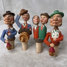 Vintage ANRI Hand Carved Mechanical Wooden Bottle Stoppers Lot of 4 Working picture