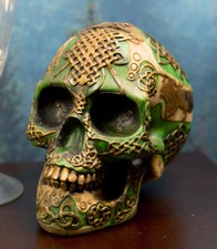 Celtic Knotwork Shamrock Lion Green Gold Skull Money Bank Figurine Ossuary Decor picture
