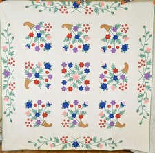 OUTSTANDING Vintage 30's Floral Bouquet Applique Antique Quilt ~DENSE QUILTING picture