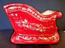 Vintage Christmas Ceramic Sleigh Planter Red with Silver Trim picture