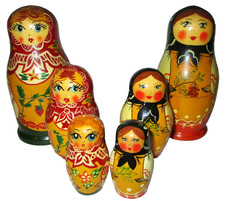 2 SETS VINTAGE RUSSIAN MATRYOSHKA NESTING DOLLS HAND PAINTED, 3 PIECE SETS WOOD picture