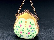 Authentic Limoges France Purse Handbag Peint Main Trinket Box Floral Gold Chain picture