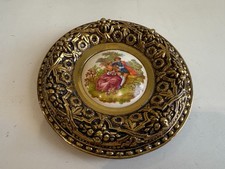 Vintage Spain Limoges Fragonard Porcelain Plaque with Ornate Gold Brass Frame, 6 picture