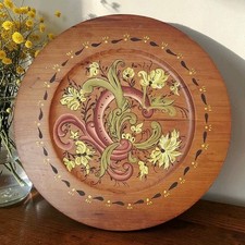 Vtg Hand Painted Norwegian Rosemaling Floral Hanging Wood Plate 14.25