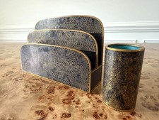1930s Chinese Cloisonné Desk Set Curly Grass Letter Holder Pen Cup picture
