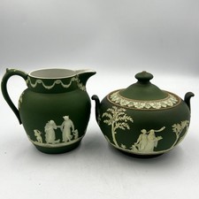 Antique Wedgwood Olive Green Jasper-Dip Sugar & Creamer Set Classical Relief picture