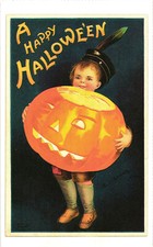 A Happy Halloween Boy with Jack-O-Lantern Vintage Reproduction Postcard Unposted picture