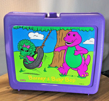 Vtg 1992 Barney & Baby Pop Thermos Plastic lunchbox w/ Thermos,Stopper,Cup - euc picture