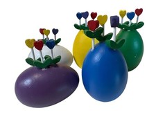 Vintage Dept 56 Wooden Easter Eggs w Tulips Easter Spring Decor 1980s picture