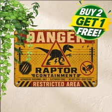 Velociraptor Warning Metal Sign Prehistoric Dinosaur Park Tin Wall Plaque picture