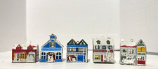 Vintage JoyBrite Metal Christmas Village Miniature House Ornaments Set of 5  picture