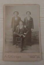 Topeka Kansas 1880s Three Young Men  ~ Antique Cabinet Card  ~ A. D. Grigs Photo picture