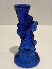 Vtg Cobalt Blue Glass Cherub Angel Candlestick Holder  picture