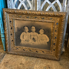 Black & White Portrait of Three Children in wood and plaster antique Frame picture