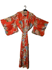 Vtg Authentic Japanese Kimono Robe w/ Belt Floral Polyester Purchased in Japan picture