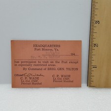 WWII Fort Monroe Base Post Pass Dated 10/23/42 - By Command of BRIG. GEN TILTON picture