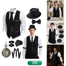 HaBaeBae Roaring 20s Mens Costume Fedora Hat Vest Pocket Watch Black picture